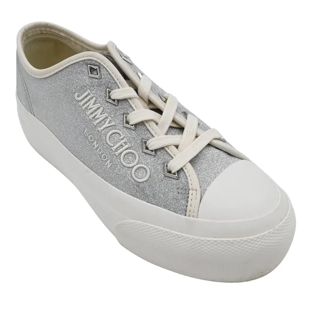 Jimmy Choo Palma Silver Glitter Logo Platform Sneakers in Silver from Clotheshorse Anonymous