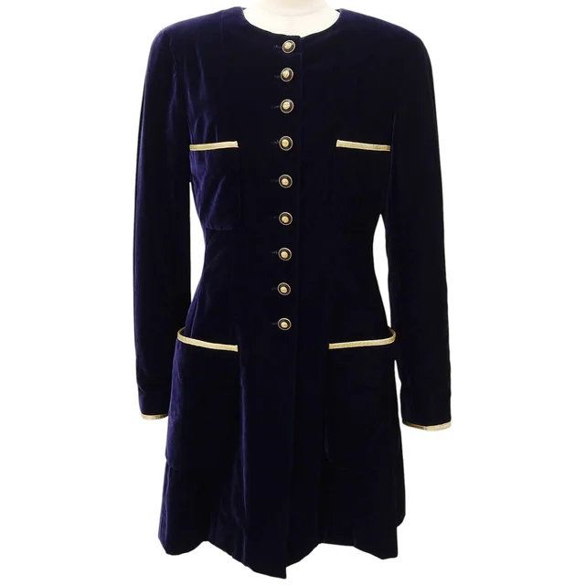 Chanel 1993 Velour CC mark button-no-collar long jacket #40 Navy/Gold from VINTAGE QOO TOKYO