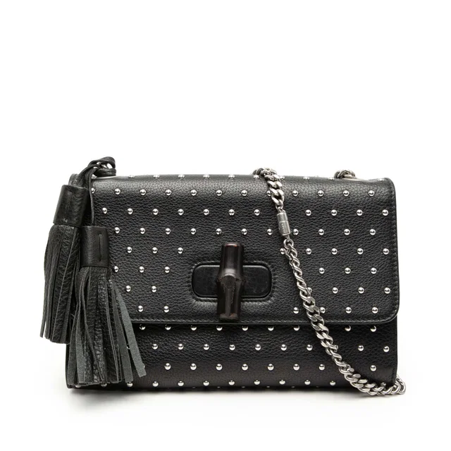 Black Gucci Medium Studded Leather Miss Bamboo Crossbody in Black Leather from Designer Revival