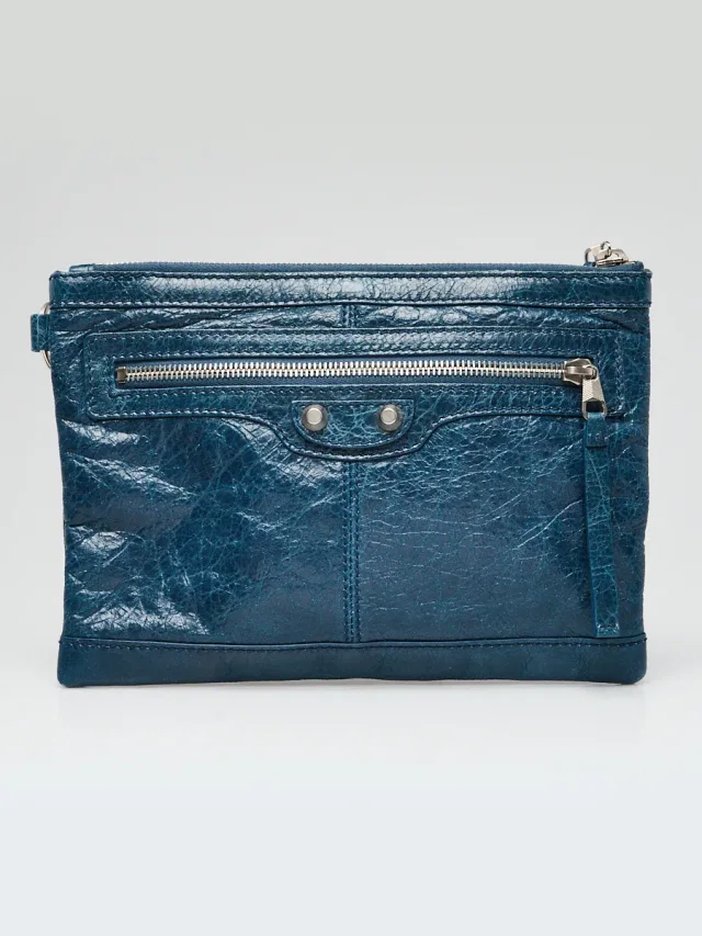 Balenciaga Bleu Mineral Lambskin Leather Giant 12 Silver Clip Clutch Bag in Blue Lambskin from Yoogis