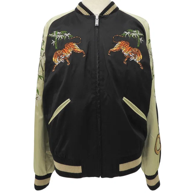 Gucci Tiger Embroidered Reversible Stadium Jumper #52 Black/Orange/Multi in Black Silk from VINTAGE QOO TOKYO