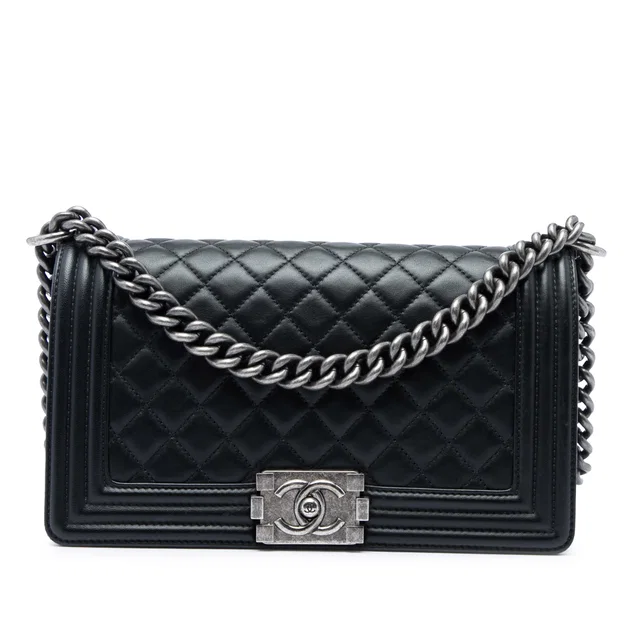 Black Chanel Old Medium Quilted Lambskin Boy Flap Crossbody Bag in Black Lambskin from Designer Revival