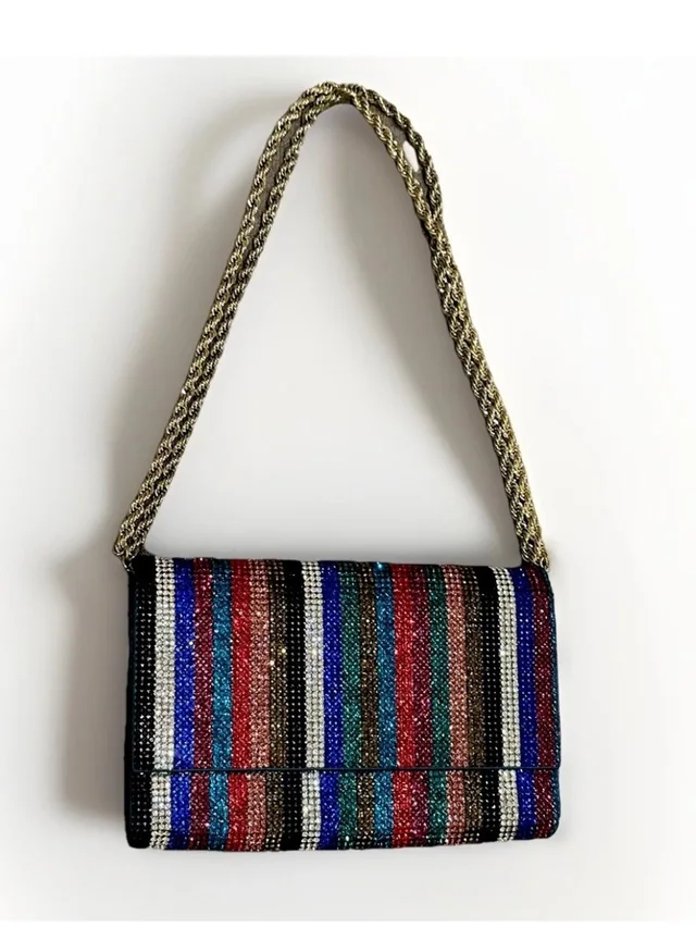 Judith Leiber Multicolor Striped Beaded Clutch With Gold Chain in blue|gold from Poshmark