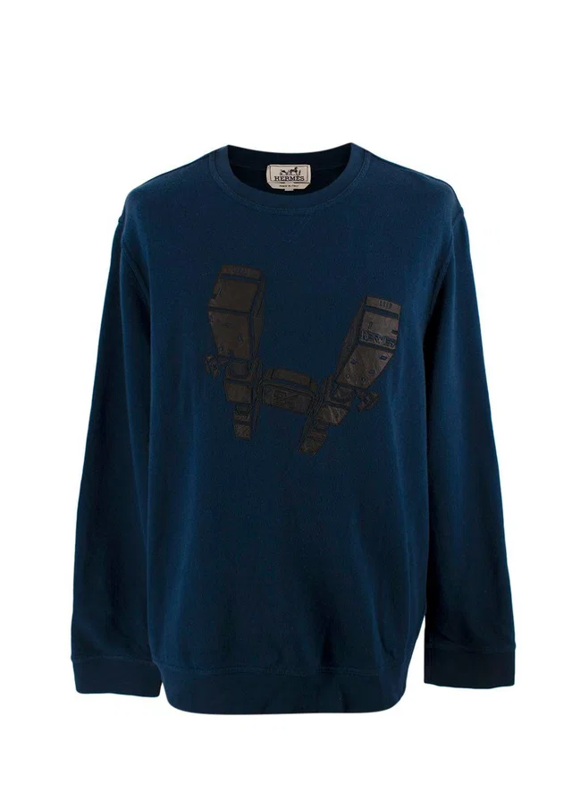 Hermès Navy Sweatshirt with Black Leather Detail in Black Leather from HEWI