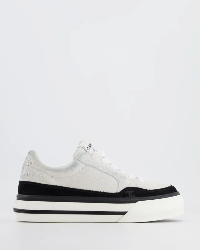 Chanel Coco 23B White and Black Suede Trainers with CC Logo Size EU 37.5 in Black Suede from Sellier
