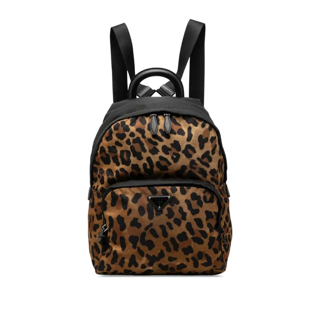 Brown Prada Leopard Print Tessuto Backpack in Brown Nylon from Designer Revival