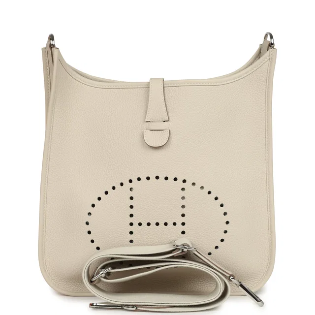 Hermès Evelyne III PM Craie Clemence Palladium Hardware in White Clemence leather from Madison Avenue Couture
