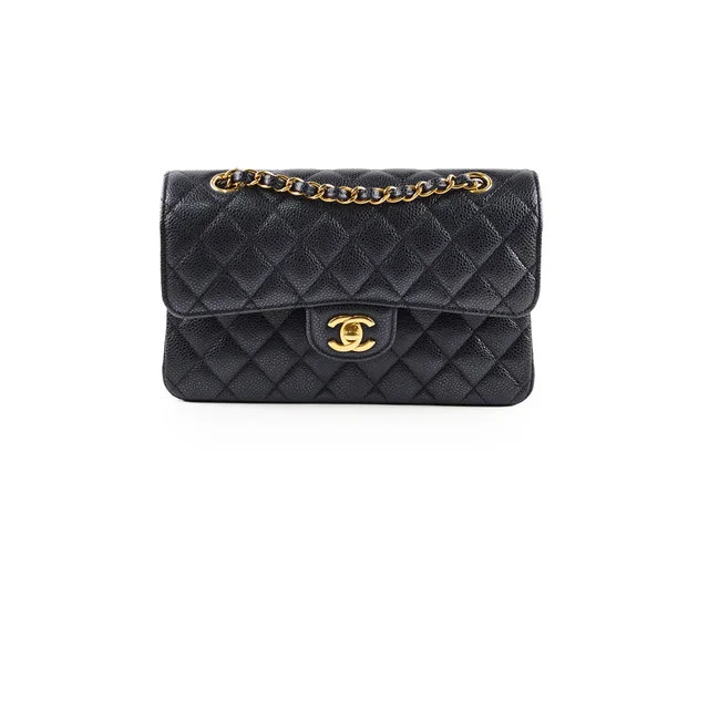 Chanel Caviar Small Double Classic Flap Black Microchipped in Black Caviar leather from The Purse Affair