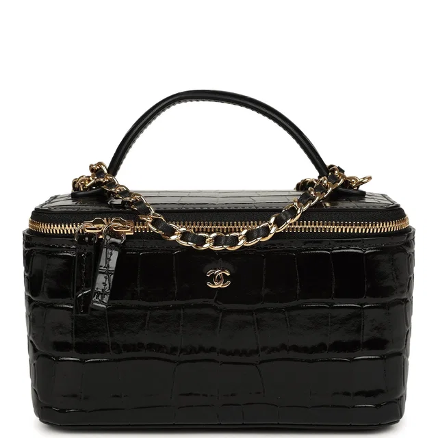 Chanel Small Top Handle Vanity Case Black Croc Embossed Calfskin Gold Hardware in Black Calfskin from Madison Avenue Couture