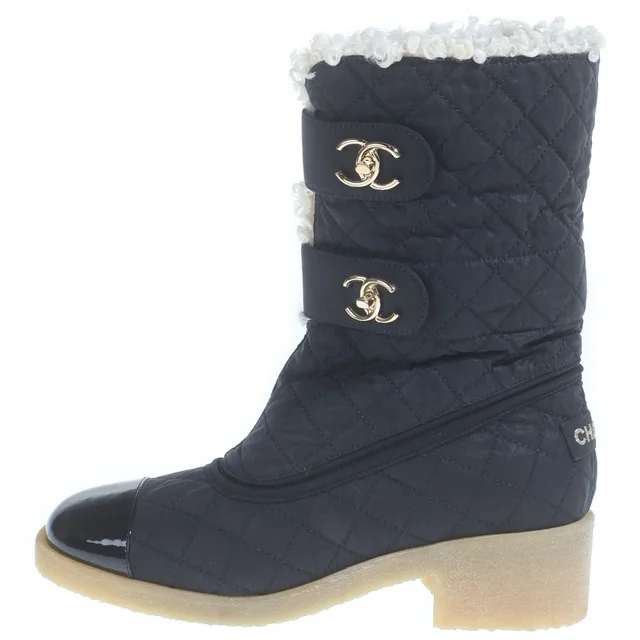 Chanel CC Logo Turnlock Quilted Nylon Patent Short Boots Shoes Black in Black Patent leather from The Reluxe