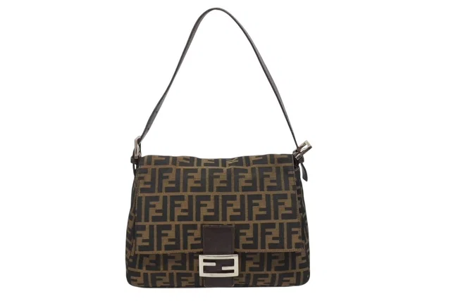 Fendi Mamma Baguette Shoulder Bag Zucca Pattern Cotton Canvas Brown Silver in Brown Canvas from The Reluxe