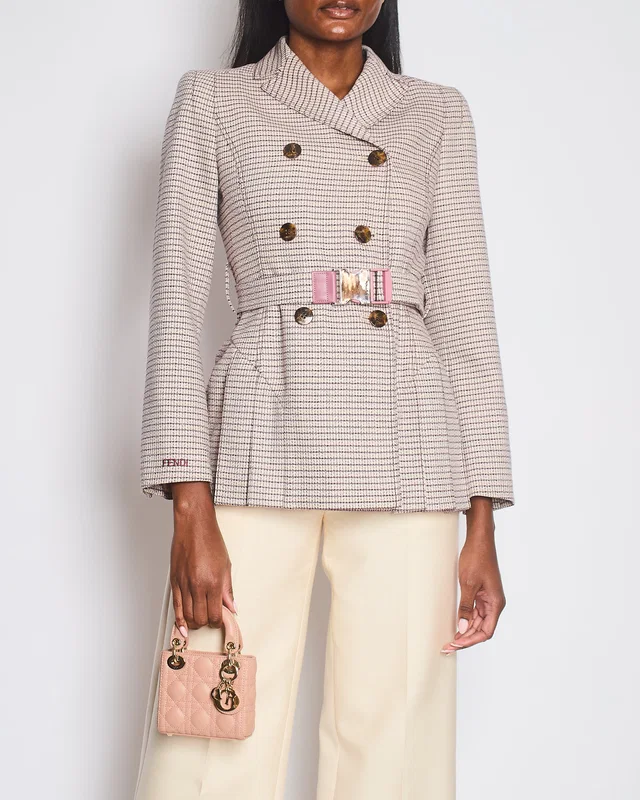 Fendi Red and Pink Micro Houndstooth Belted Jacket with Brown Tortoise Shell Logo Buttons Size IT 38… in Brown Wool from Sellier
