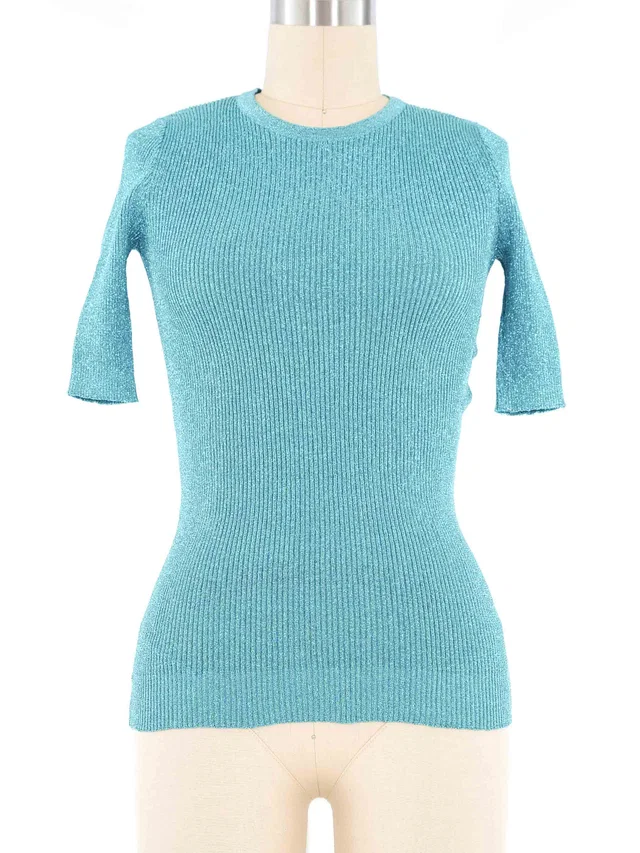 Saint Laurent Turquoise Lurex Ribbed Top in Blue from Arcade Vintage