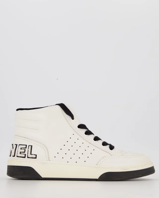 White Calfskin High-Top Trainer Sneaker with Chanel Logo Detail Size EU 39 in White Calfskin from Sellier