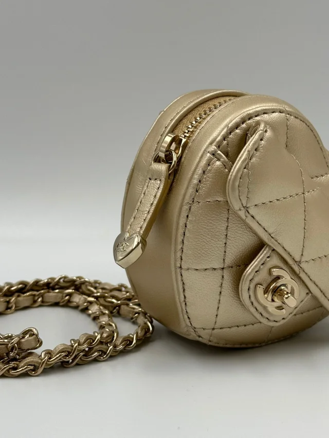 LONDON LOCATED* CHANEL MINI HEART NECKLACE Gold Lambskin Leather with Champagne-Toned Metal in Gold Lambskin from Luxury Promise, photo 5 of 9