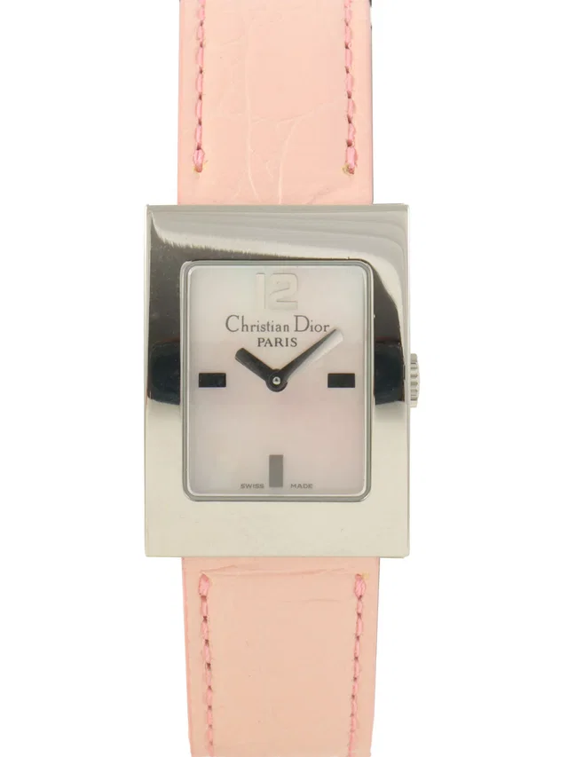 Dior Rectangular Watch Silver/Pink in Pink Leather from VINTAGE QOO TOKYO