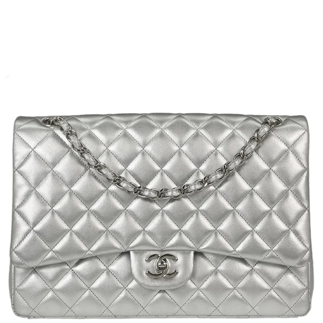 Chanel 2011 Metallic Silver Lambskin Maxi Classic Flap Shoulder Bag in Silver Lambskin from AMORE Vintage Tokyo