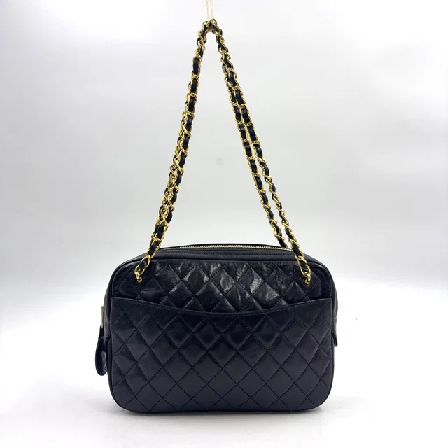 Chanel Quilted Lambskin Black Chain Shoulder Bag Gold in Black Lambskin from The Reluxe