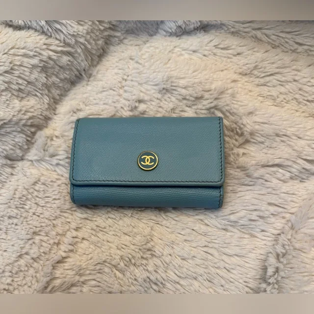 Chanel Teal Leather Key & Card Holder With Gold Cc Medallion in blue Leather from Poshmark
