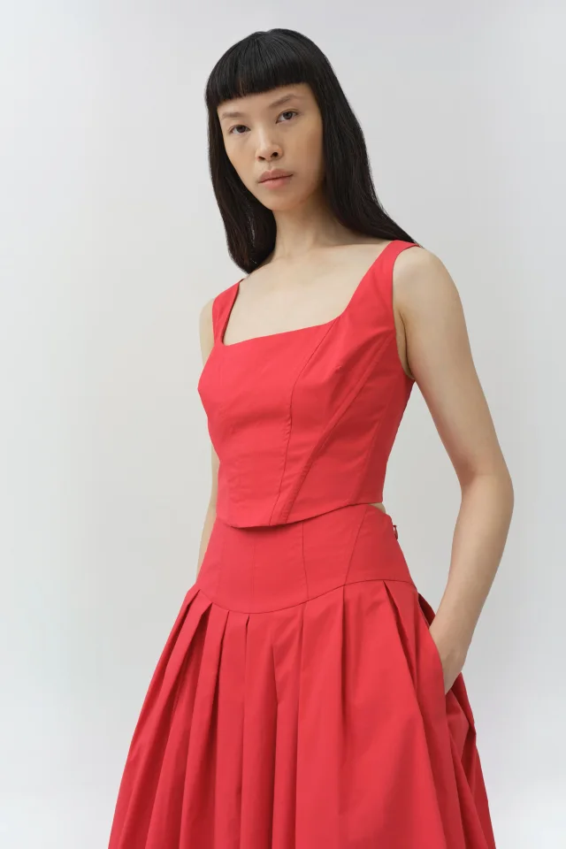 SIMKHAI Winsor Cotton Midi Skirt in Scarlet Cotton Poplin, photo 4 of 6 from SIMKHAI