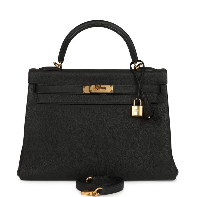 Hermès Kelly Retourne 32 Black Togo Gold Hardware in Black Togo leather from Madison Avenue Couture