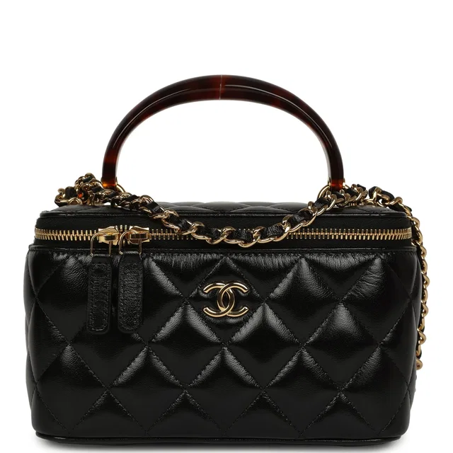 Chanel Small Tortoiseshell Top Handle Vanity Case Black Shiny Lambskin Gold Hardware in Black Lambskin from Madison Avenue Couture
