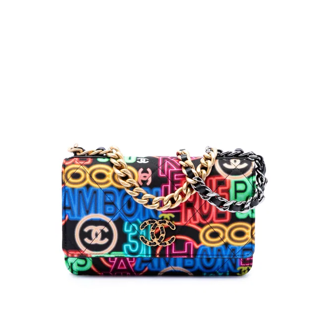 Black Chanel Printed Nylon Graffiti 19 Wallet on Chain Satchel in Black Nylon from Designer Revival