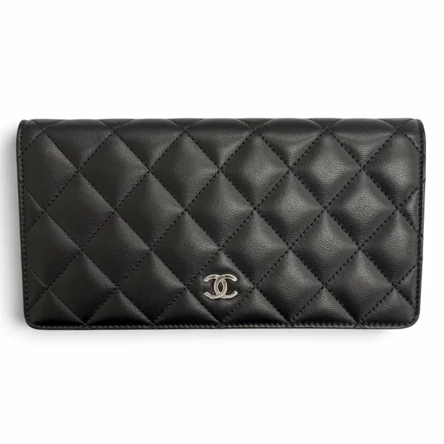 Chanel Lambskin CC Logo Quilted Timeless Classic Long Flap Wallet Black in Black Lambskin from The Reluxe