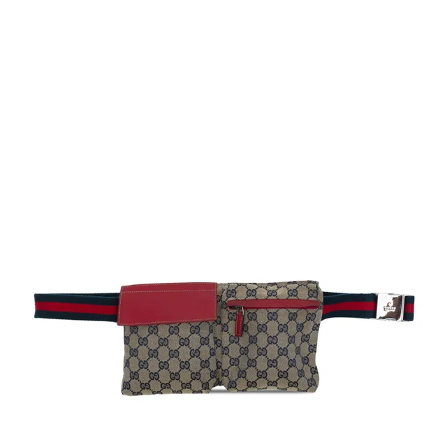 Beige Gucci GG Canvas Web Double Pocket Belt Bag in Beige Canvas from Designer Revival