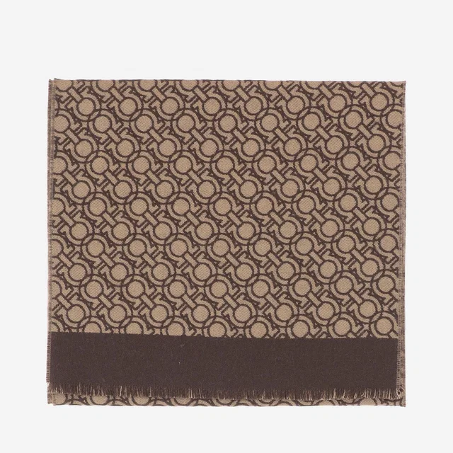 Ferragamo Wool Interlocking-Circle Jacquard Scarf — Camel Scarfs in Brown Wool from HEWI