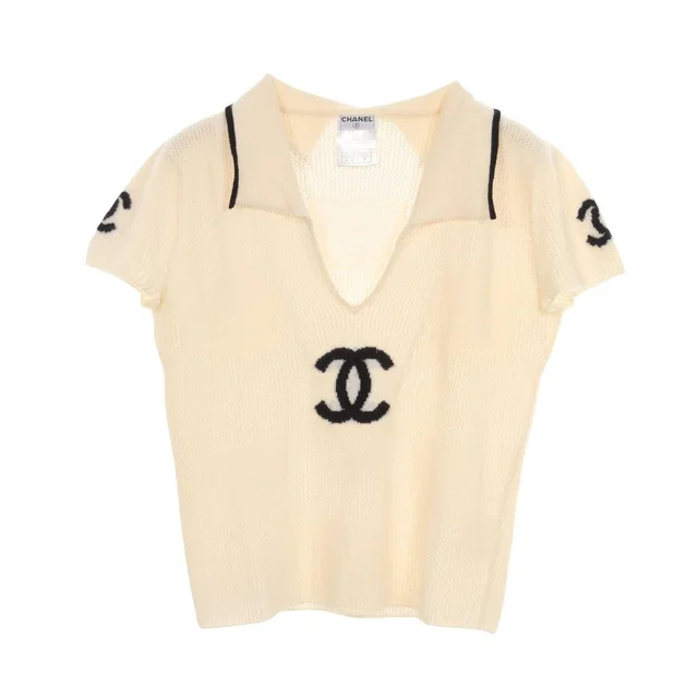 Chanel Knit 01C CC Logo Short Sleeve Cashmere Sweater in Cashmere from The Reluxe