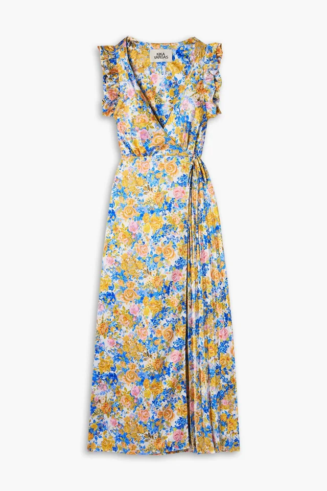 Kika Vargas Liana Pleated Ruffled Floral-Print Satin Wrap Dress in Yellow from THE OUTNET, photo 1 of 1
