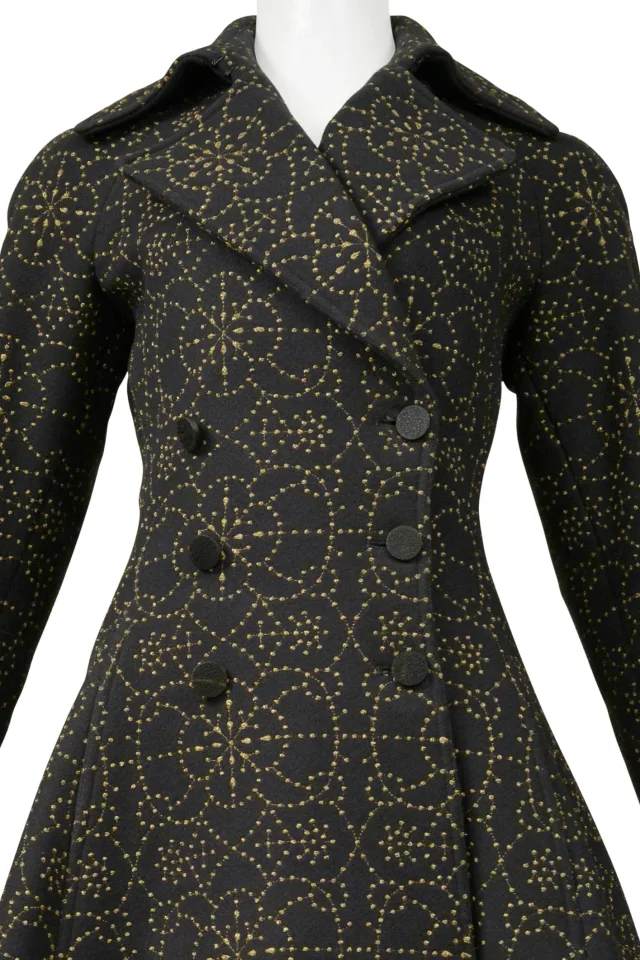 Alaïa Black Coat With Metallic Gold Embroidery in Black Cashmere from Resurrection Vintage, photo 4 of 12