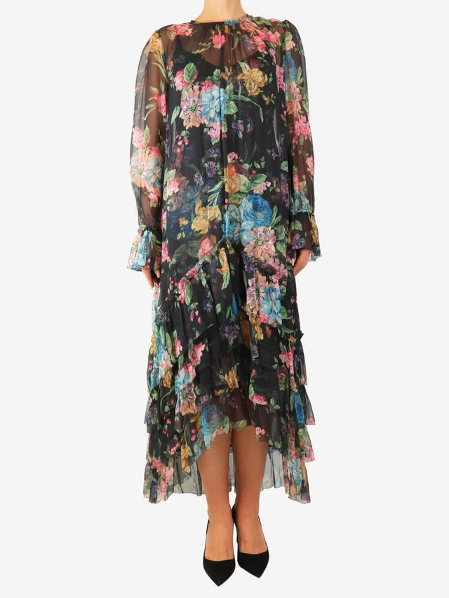 Zimmermann Black floral ruffled sheer dress - size UK 10 in Black Silk from Sign of the Times