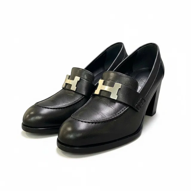 Hermès I8 Moccasins Dauphin Heels Loafers H Black Leather in Black Leather from The Reluxe