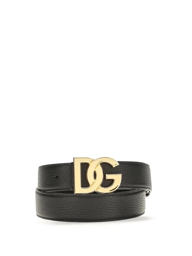 Dolce & Gabbana Interlocking Dg Buckle Calfskin Belt — Black Calf Leather Bos Taurus in Black Calfskin from HEWI