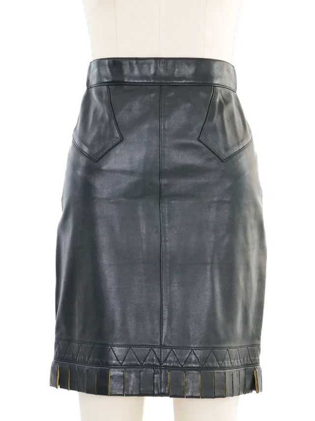 Alaïa Black Leather Fringe Skirt in Black Leather from Arcade Vintage