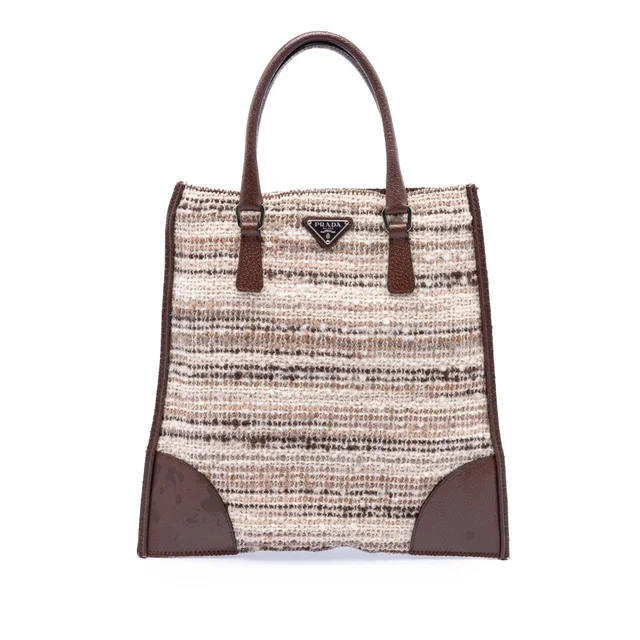 Beige Prada Vitello Trimmed Tweed Flat Tote in Beige Tweed from Designer Revival