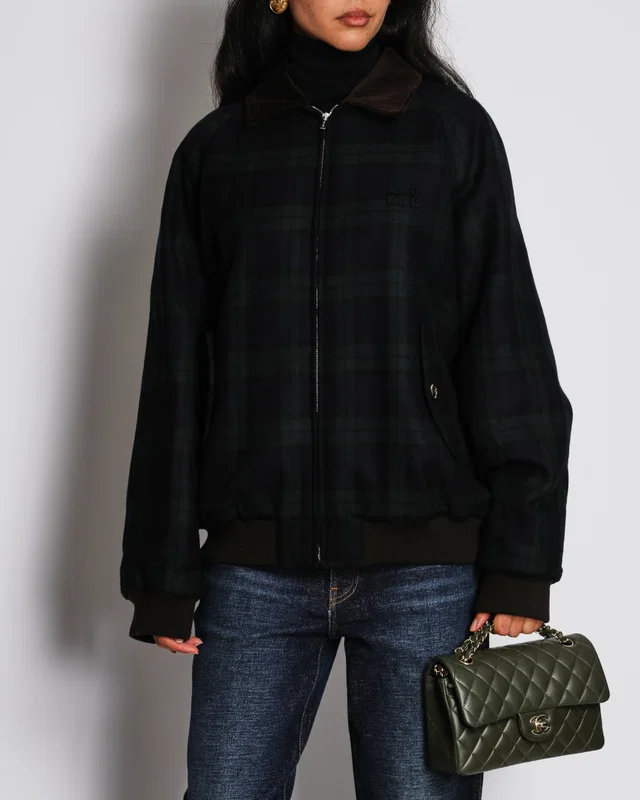 Miu Miu Navy Checkered Plaid Wool Padded Jacket with Logo and Corduroy Collar Detail Size IT 42 (UK 10) in Navy Wool from Sellier