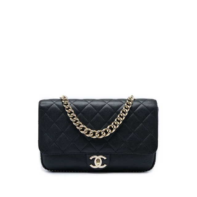 Black Chanel Large CC Quilted Caviar Studded Single Flap Satchel in Black Caviar leather from Designer Revival