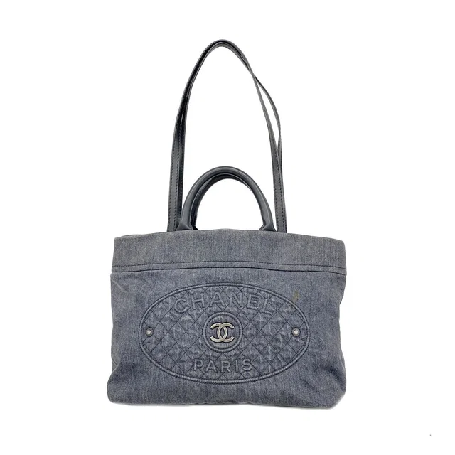 Chanel Handbag Denim Gray Silver 2-Way Bag in Grey Denim from The Reluxe