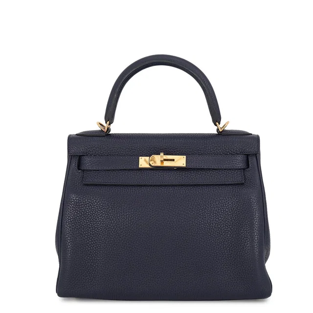 Hermès Kelly Retourne Blue Nuit Taurillon Clemence Size 28 in Blue Clemence leather from GALLERY RARE