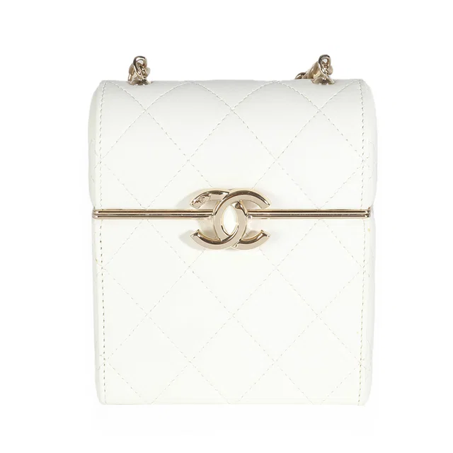 Chanel 22p White Quilted Lambskin Mini Box Clutch Leather Handbag in White Lambskin from HEWI