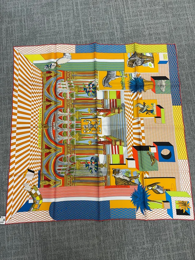 Hermès Silk 90-16 – Architectural Fantasy in Gold, Emerald, and Sky Blue in Blue Silk from Luxury Promise