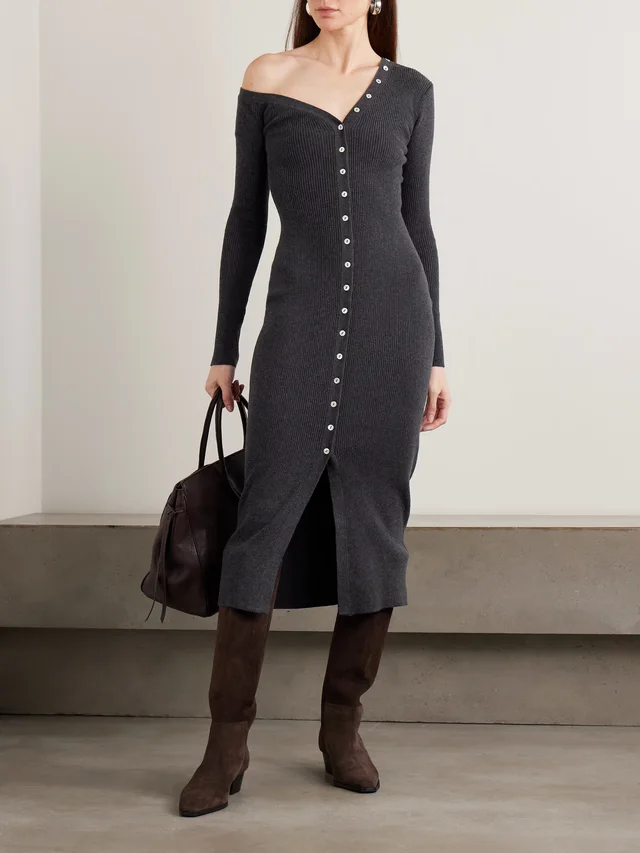 STAUD Craftsman off-the-shoulder ribbed cotton and wool-blend midi dress in Grey, photo 2 of 2 from NET-A-PORTER (Canada)