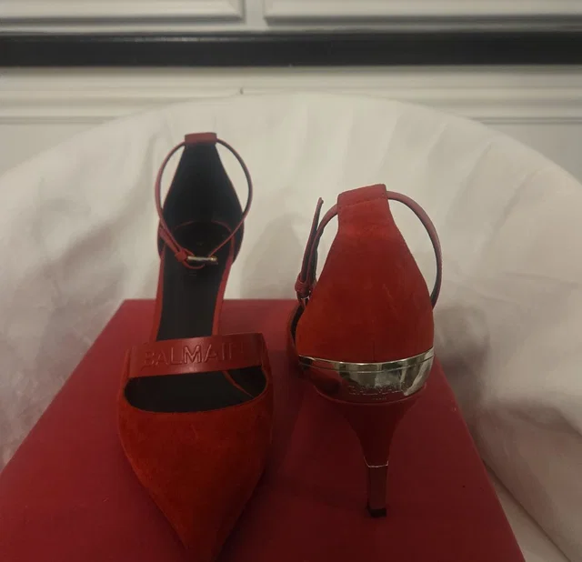 Balmain Suede Pointed Toe Ankle-Strap Heels With Metallic Accent in red Suede from Poshmark