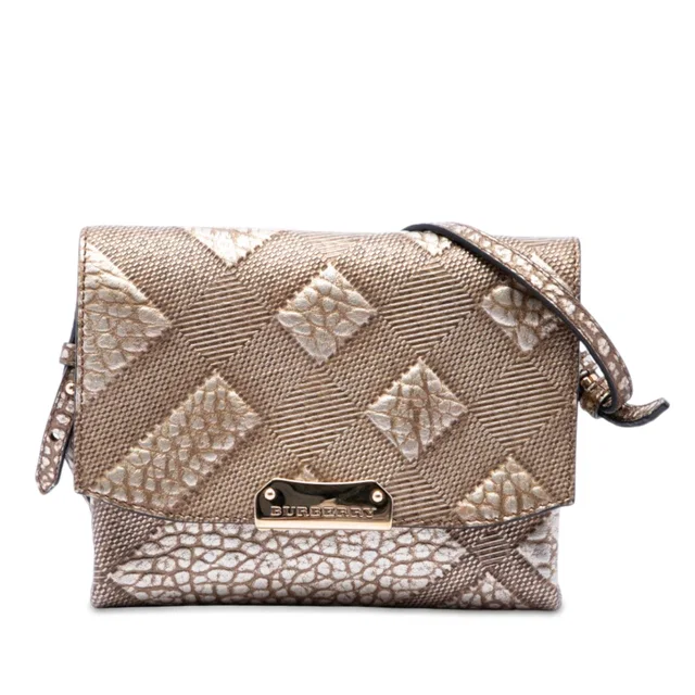 Gold Burberry Embossed Grain Check Leather Langley Crossbody in Gold Leather from Designer Revival