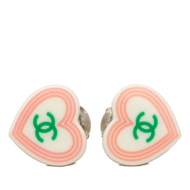 White Chanel CC Resin Heart Clip On Earrings in White Resin from Designer Revival