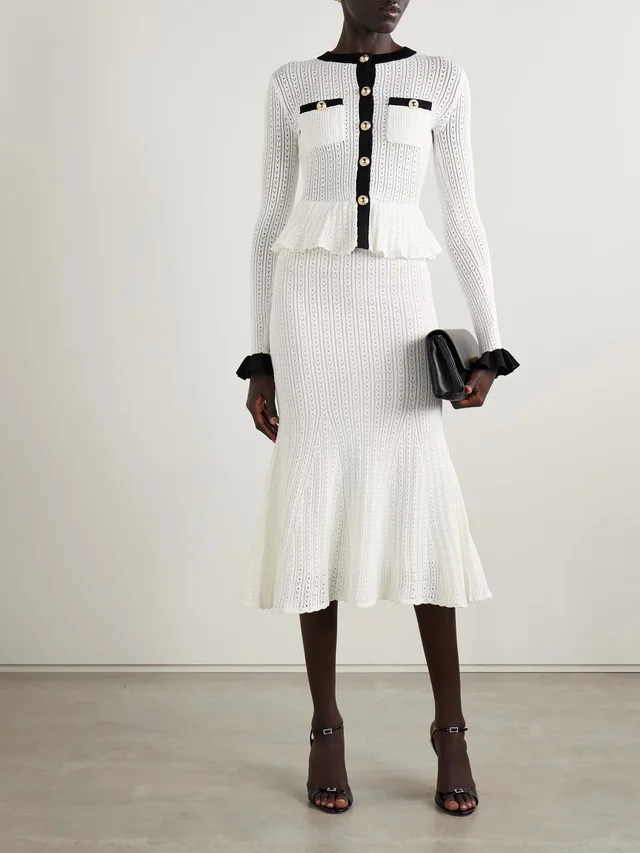 SELF-PORTRAIT Pointelle-knit peplum midi dress in White, photo 2 of 2 from NET-A-PORTER (Canada)