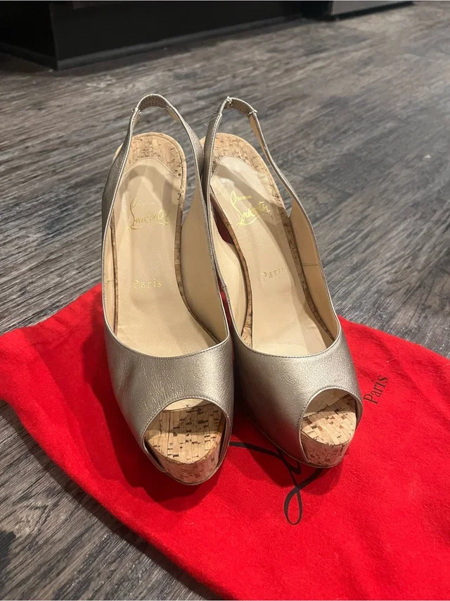 Christian Louboutin Metallic Gold Slingback Peep-Toe Heels in neutral|gold|brown Leather from Poshmark